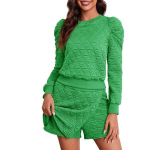 Fisoew Women's 2 Piece Lounge Wear Set Long Sleeve Argyle Sweatshirts and Wrap Skorts Casual Sets (Green, S)