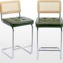 Zesthouse Natural Rattan Bar Stools Set of 2, Modern Counter Height Stools with Solid Wood Back, 26'' Counter Height Chairs, Mid Century Cantilevered Bar Chairs for Kitchen Island, Faux Leather Green