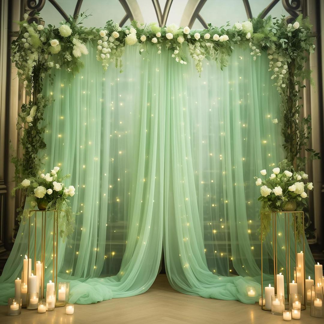 10x10ft Green Tulle Backdrop Curtain with Lights String for Parites, Sheer Photo Backdrop Curtains with Lights for Wedding Backdrop Ceremony Reception Bridal Shower Baby Shower Birthday Party (2 Panels(5*10FT))