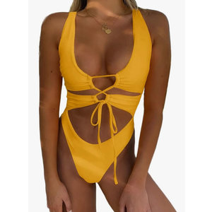 CHYRII Women's Sexy Cutout Lace Up Backless High Cut One Piece Swimsuit Monokini, XL, Marigold