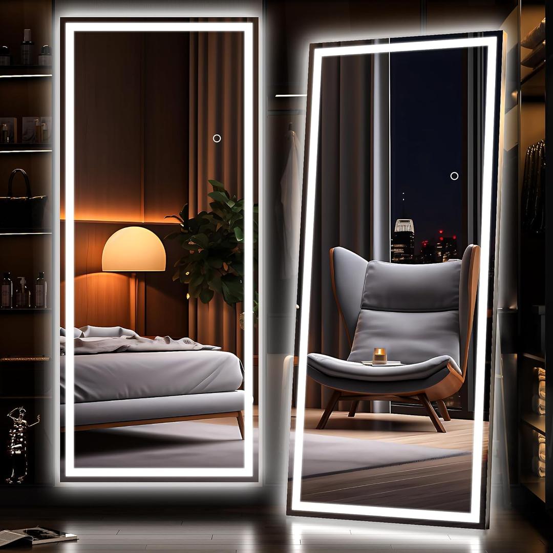 Hasipu Full Length Mirror with Lights, 71" x 24" LED Lighted Floor Standing, Full Body Dressing Hanging Mounted Mirror, Dimmable, Tempered Glass, Safe to Use, Square Black
