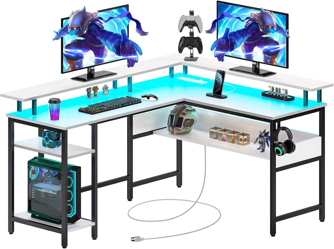 Rolanstar Computer Desk L Shaped 56.7" with LED Lights and Power Outlets, Reversible L Shaped Gaming Desk with Monitor Stand, Home Office Desk with Storage, Desk with USB Port and Hook, White, 18.5"D x 56.7"W x 33.9"H