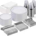 GATHER 350PCS Silver Plastic Plates - White and Silver Disposable Plates for 50 Guests Includes 50 Dinner Plates 50 Dessert Plates 50 Napkins 150 Silver Cutlery and 50 Cups for Wedding & Party