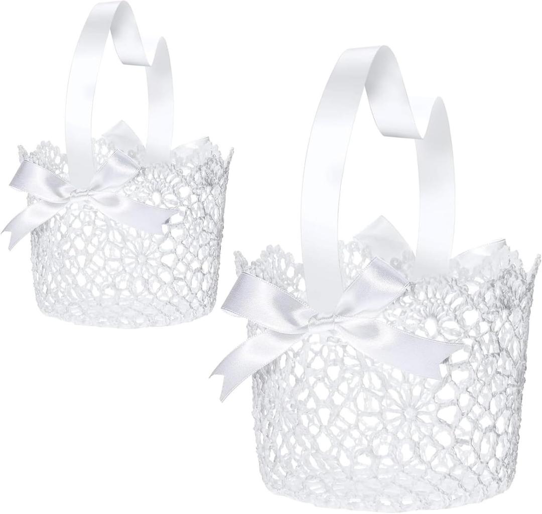 Boao Flower Girl Basket Set of 2 White Wedding Flower Baskets with Satin Bowknot and Handle for Wedding Ceremony Petals Confetti Gift Storage Collection, Hollow Design(5.90 x 4.72 x 4.33 Inch)