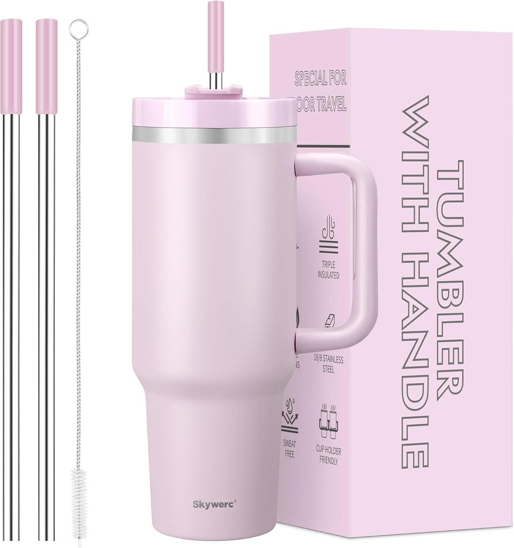 40 oz Tumbler with Handle and Straw, 2 in 1 Lid, Vacuum Insulated Stainless Steel Double Wall Water Bottle Travel Mug - Holiday Gifts for Women Men - Lavender