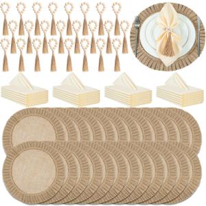 Gejoy 72 Pcs Round Burlap Placemats Wood Bead Napkin Rings with Dinner Napkins Cloth, Jute Heat Resistant Placemats Boho Wooden Rings for Plates Wedding Dining Table