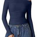QINSEN Womens Off Shoulder Long Sleeve Tops Ruched Going Out Crop Slim Fitted Shirts Estate Blue M