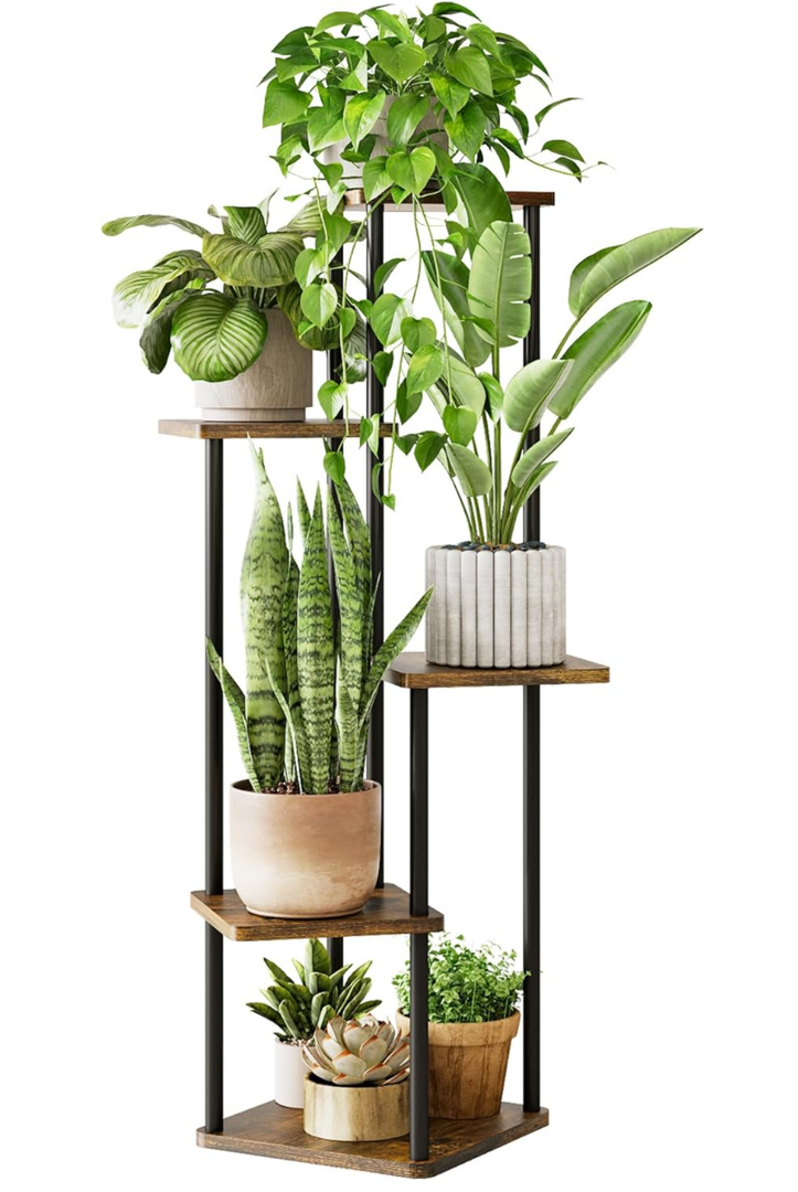 Tall Plant Stand Indoor 5 Tiered Plant Shelf for Multiple Plants Coner Shelf Stand Wood Plant Stand Metal Shelving for Living Room Bedroom Balcony Patio Brown Oak