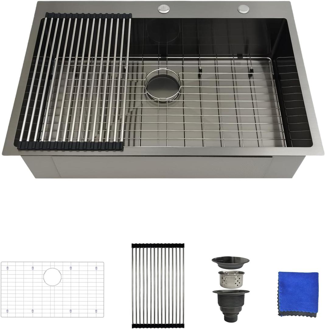 33-Inch Black Drop-In Kitchen Sink - 33x22 Single Bowl, 16 Gauge Stainless Steel Top Mount With 4 Accessories (33x22x9 Topmount Pro, Gunmetal Black)