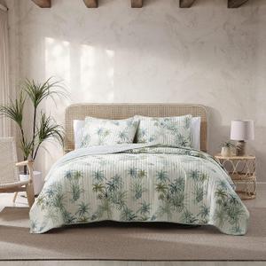 Tommy Bahama - Queen Quilt, Reversible Cotton Bedding, Floral Bedding Set (Serenity Palm Blue, Queen)