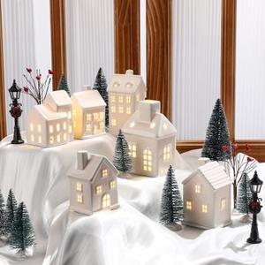 24 Pcs Christmas Village House LED Lighted Village Set Mini Christmas Tree Ceramic House Streetlight Branches Winter Accessories Ornament for Xmas Desktop Decor (6 Style)