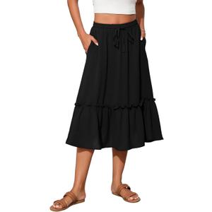 High Waist Tiered Skirts for Women Flowy Skirts for Women Below Knee with Pockets 2025 Fashion Trendy (Large, A-01 Black)