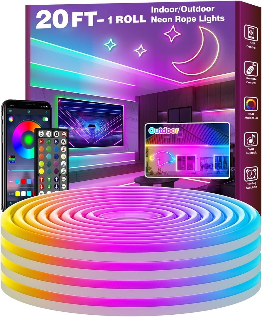 20Ft Led Rope Lights, Flexible Neon Lights Control with App/Remote, Multiple Modes, IP65 Outdoor RGB Waterproof, Music Sync Gaming Light Strip for Bedroom Decor