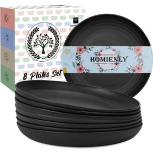 Homienly Wheat Straw Plates Set - 11 inch Reusable Large Dinner Plates Set of 8, Lightweight Unbreakable Salad Plates, Microwave and Dishwasher Safe Plates, Deep Plates for Dinner, Camping - Black