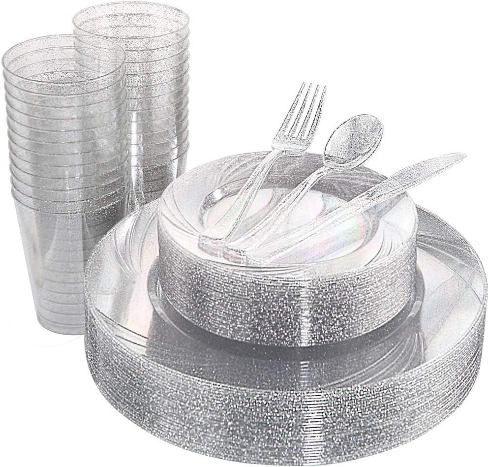 WDF 150pcs Silver Plastic Plates Disposable - Winter Wonderland Party Decorations include 50 Dinner And Salad Plates,25 Forks, 25 Knives, 25 Spoons& 10oz Plastic Cups
