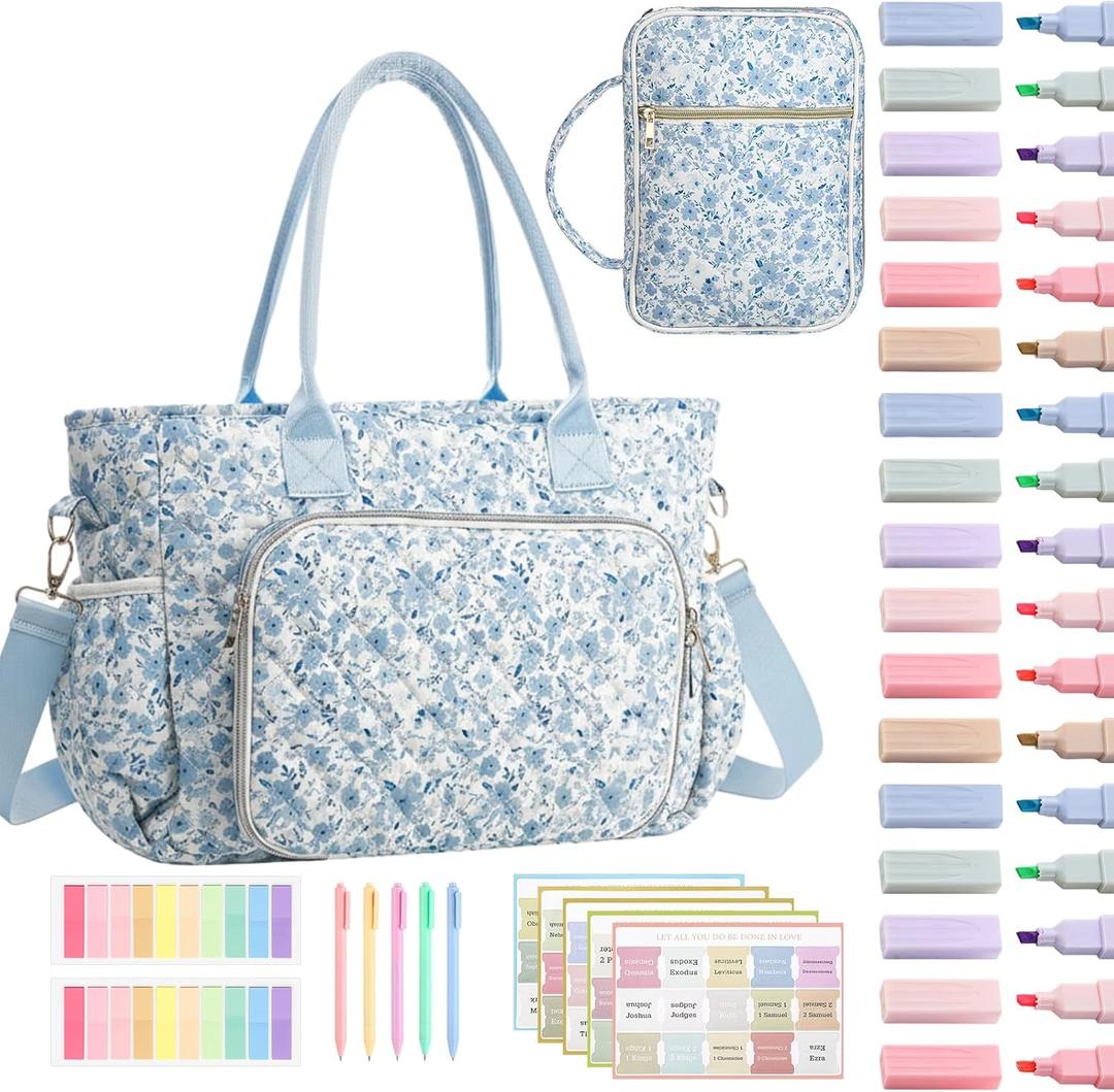 Large Bible Bag Quilted Bible Cover Case Kit for Women Church Bag with Shoulder Strap Study Supplies Christian Gifts(Blue Flower)