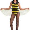 Women Halloween Bee Bodysuit Costume Sleeveless Ruffle Honeybee Cosplay Outfit Sexy Slim Bumblebee Jumpsuit Wing Set M