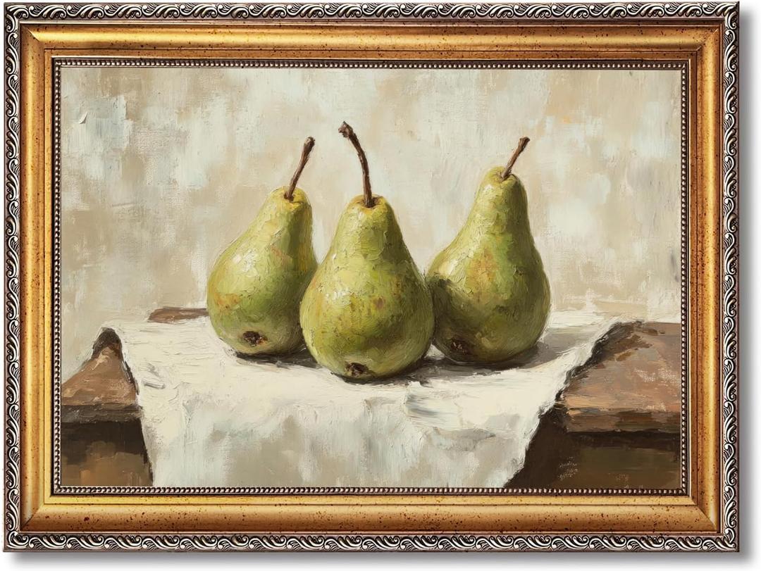 Licpach Large Framed Wall Art Vintage Rustic Pear Still Life Poster Canvas Print Farmhouse Kitchen Antique Fruit Poster Cottagecore Aesthetic Painting for Gallery Home Decor 24x36inch Golden Frame