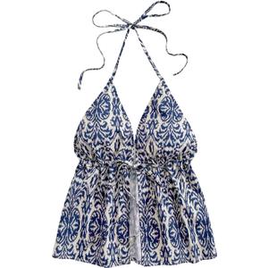 Verdusa Women's Floral Print Backless Ruffle Hem Cami Top Sleeveless Layered Halter Camisole (Medium, Blue and White)