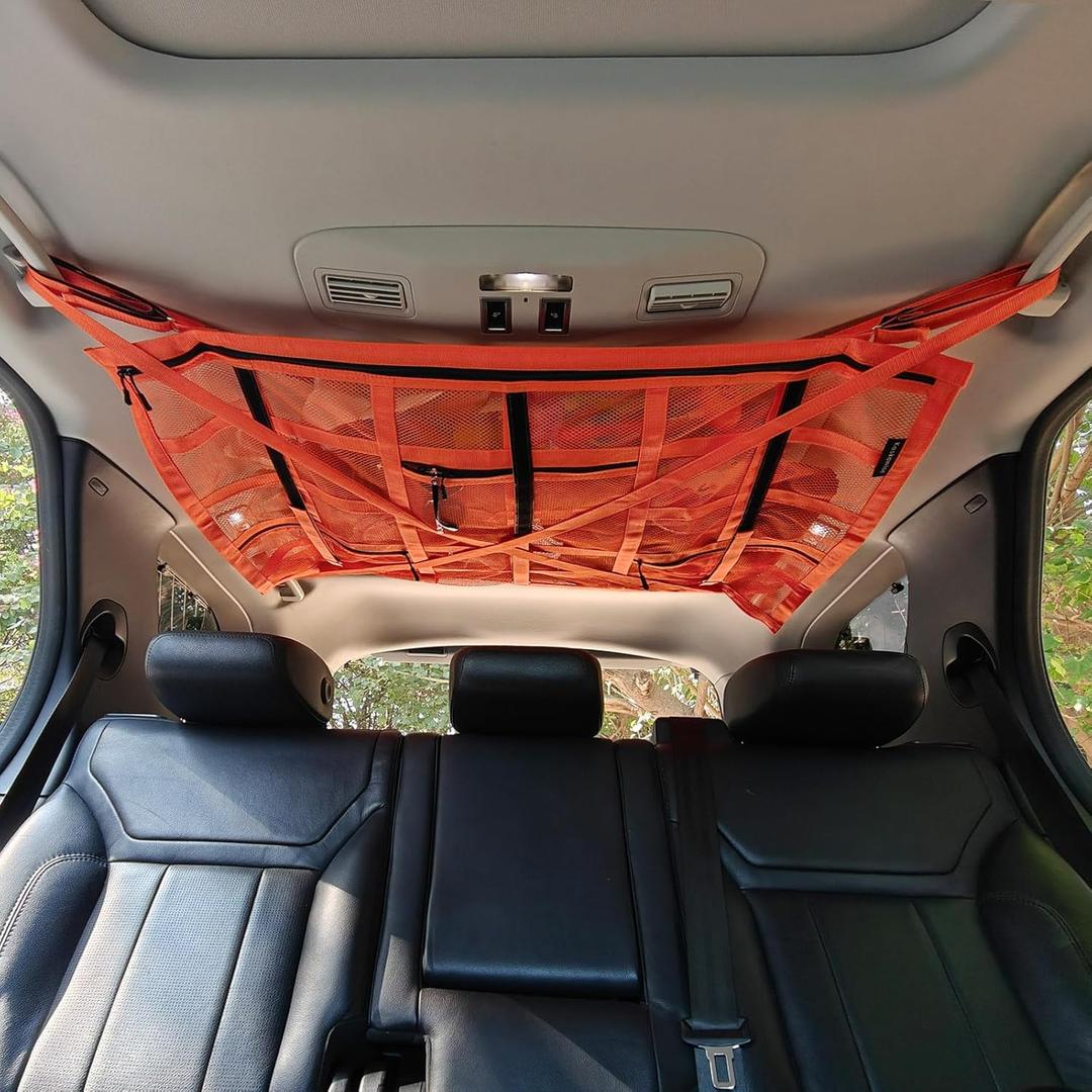 Kaskawise SUV Car Ceiling Cargo Net with Adhesive Straps,Double-Layer Mesh Car Roof Net Storage for Truck, Van,Travel Long Road Trip Camping Interior Accessories 39.3 X 23.6 Inch, Orange