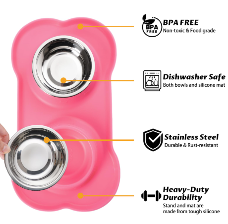 Hubulk Pet Dog Bowls 2 Stainless Steel Dog Bowl with No Spill Non-Skid Silicone Mat + Pet Food Scoop Water and Food Feeder Bowls for Feeding Dogs Cats Puppies (S, Pink)