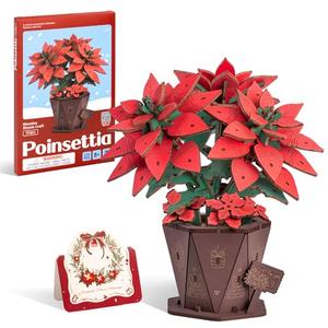 ROBOTIME 3D Wooden Poinsettia Puzzle - with Flower Pot Base, Adjustable Stem, Christmas Home Desk Decor, DIY Craft Kit for Adults