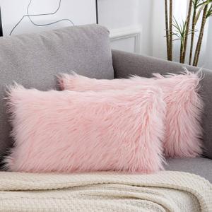 WLNUI Pink Faux Fur Pillow Covers 12x20 Inch,Set of 2 Plush Decorative Throw Pillow Case for Couch Sofa Bed, Soft Fluffy Blush Pink Cushion Cover with Hidden Zipper for Bedroom Girls Room Dorm Decor