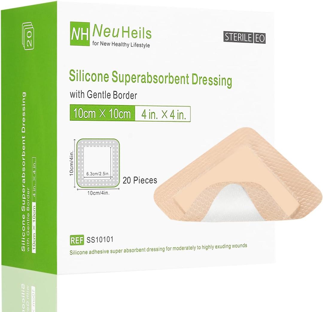 NeuHeils Silicone Super Absorbent Wound Dressing 4''x4'' 20 Packs, Self-Adhesive Waterproof Bandage with Ultrasorb Pad for Heavy Exudates Wound, Soft Gauze Island Dressing