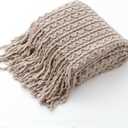 MIULEE Beige Throw Blanket for Couch Soft Textured Knitted Blanket with Tassels Cozy Woven Decorative Boho Lightweight Breathable Blanket for Sofa Bed Chair Wave Pattern for All Seasons (Throw Size-(50" x 60"))