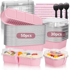 Mini Loaf Pans with Lids for Baking Bread Disposable, 50Pcs 6.8oz Mini Cake Pans with Lids and Spoons Pink Sticker & 30Pcs 10oz Square Aluminum Pans Kit, Dessert Foil Baking Cupcake Cups