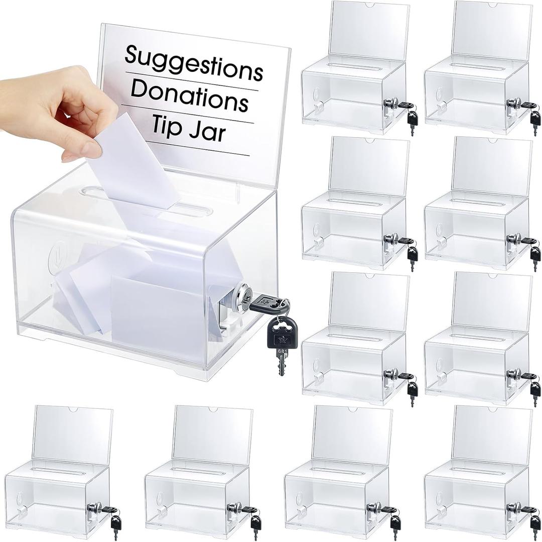 Chunful 10 Pcs Acrylic Donation Box with Lock and Sign Holder, Clear Ballot Donation Boxes with Slot for Fundraising, Suggestion Box Storage Container for Voting, Raffle Bowl, Tip Jar