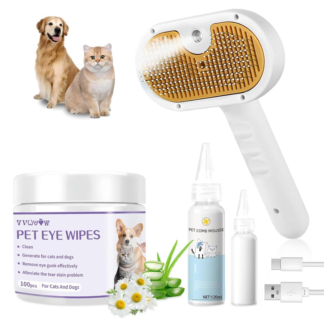 Pet Steam Brush for Dog & Cat  3-in-1 Spray Hair Removal Comb  Steam for Shedding & Grooming  Water Brush for Long & Short Haired Pets  Spritz Defur Comb  Includes Waterless Shampoo and Eye Wipes (7.7in - Brush with 2 Shampoos)