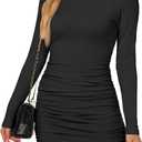 ZENUTA Long Sleeve Dress for Women, Sexy Mini Casual Ruched Bodycon Ribbed Slim Fit Scoop Neck Dress (Medium, Black)