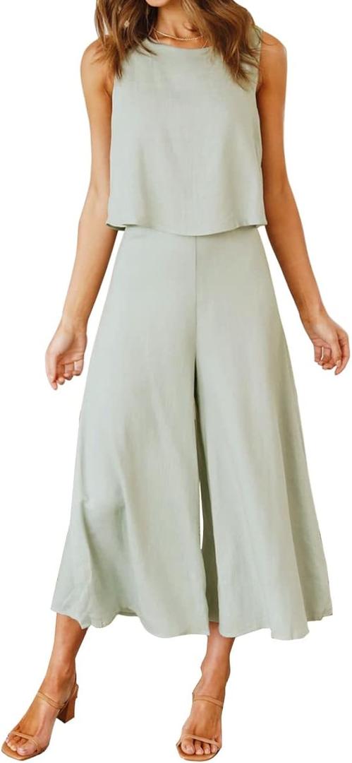 ROYLAMP Women's Summer 2 Piece Outfits Round Neck Crop Basic Top Cropped Wide Leg Pants Set Jumpsuits S