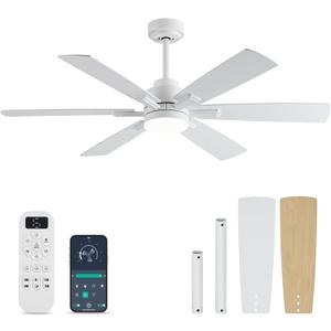 OURSTAR Ceiling Fans with Lights and Remote Control, White Ceiling Fan with Light 3-Color LED Dimmable, Memory for Lighting and Fan Reversible, 6-Speed, Timer, Indoor/Outdoor Use, 52 Inch