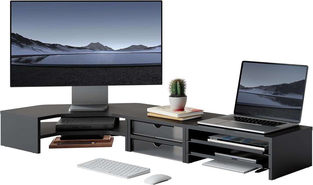 Fenge Dual Monitor Stand, Corner Monitor shelf with Drawer and Slide-Out Tray, 2 Tier Triangle Monitor Riser with Storage, Desk Shelf Organizer for Desk, Home Office, Computer, Laptop, Printer (Black)