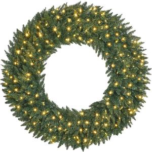 48" Large Artificial Pre-Lit Fir Christmas Wreath with 200 LED Lights, 540 PVC Branch Tips, Holiday Decoration for Door, Plug-in