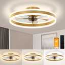 VOLISUN Low Profile Ceiling Fans with Lights and Remote, 19.7in Flush Mount Ceiling Fans with Light, 3000K-6500K Dimmable Fandelier LED Fan Light, Gold Bladeless Ceiling Fans with Lights for Bedroom, Color Gold
