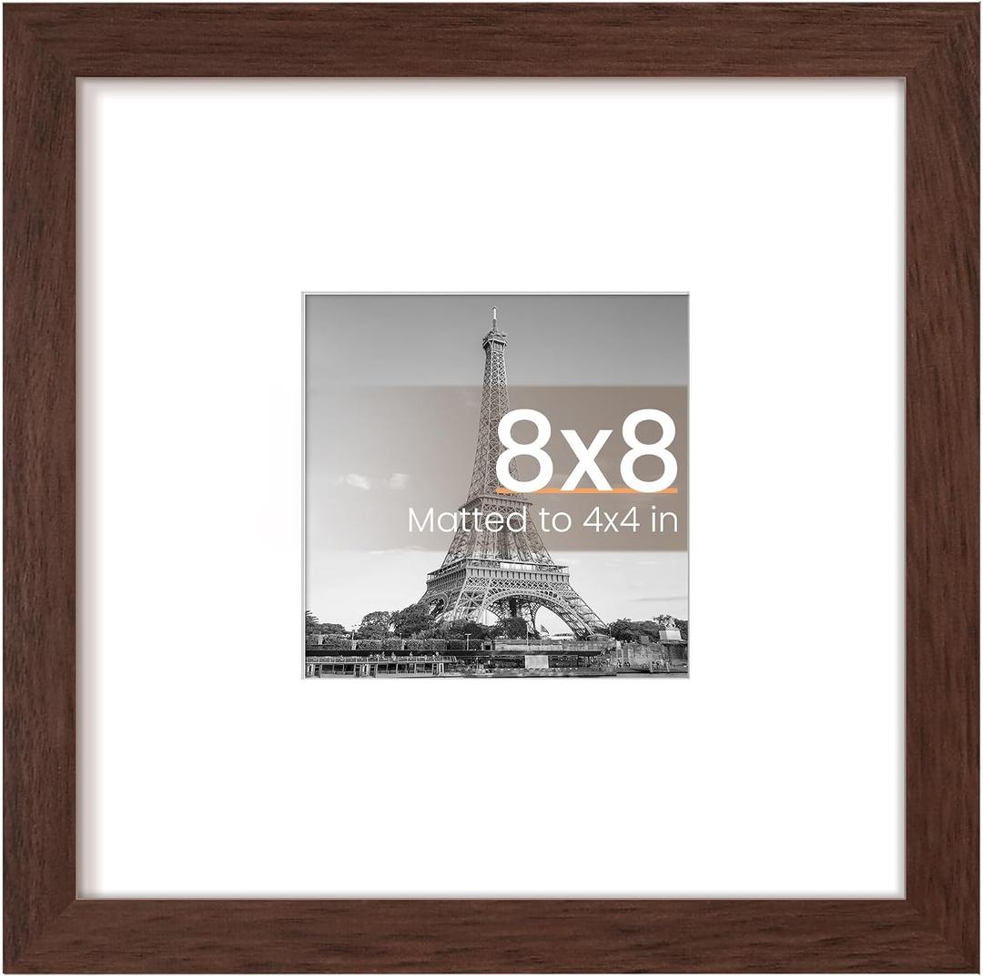 upsimples 8x8 Picture Frame, Display Pictures 4x4 with Mat or 8 x 8 Without, Wall Hanging Photo Frames, Brown, 1 Pack