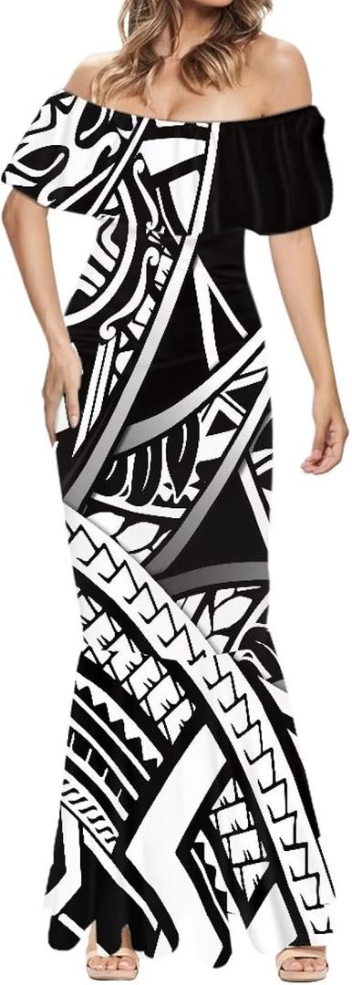 Polynesian Traditional Tribal Women's Fishtail Long Dress Off The Shoulders Ruffles Sleeve Prom Dresses (XXL)
