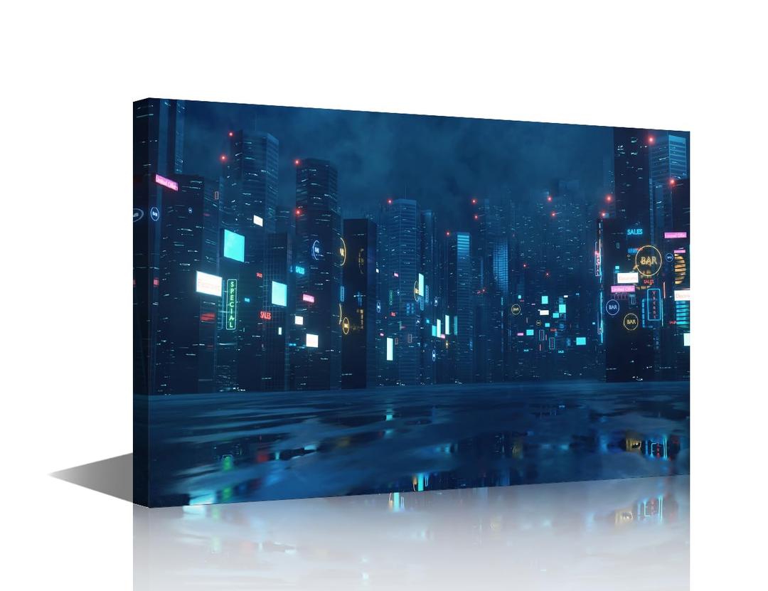 TUMOVO Wall Art Pictures for Living Room Cyberpunk City Wall Art Future Oriental Style City Paintings Prints on Canvas Home Decorations Modern Artwork Gallery-Wrapped Framed Ready to Hang 36x24 in