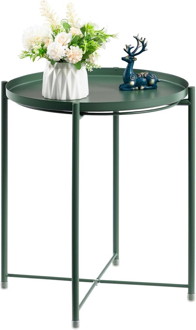 HollyHOME Round Metal Side Table, Outdoor Small Folding Accent Stand with Removable Tray, 17.72'' Portable End Table for Balconies, Gardens, Living Rooms and Bedrooms, Atrovirens