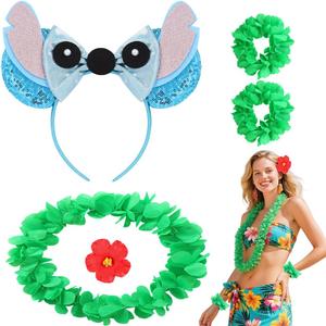 Hawaiian Luau Party Outfit for Women Girls - Green Leis Garland, Red Tropiacl Flower Hair Clip & Blue Stitch Ears Headband for Halloween