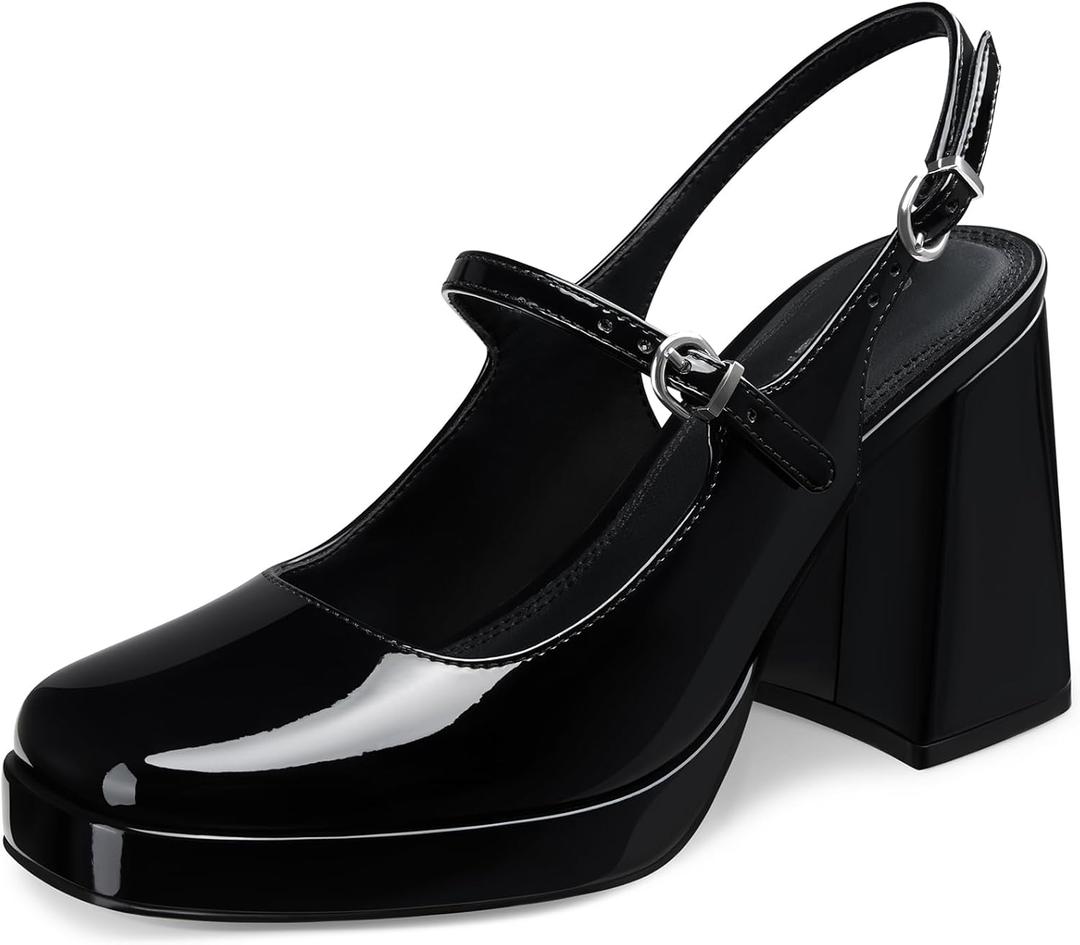 CELLENZ Women Mary Jane Shoes: 3.9 Inch Closed Toe Chunky Heels, Comfortable Platform Slingback Heels,Dress Shoes Prom Office Graduation Pumps Size 7