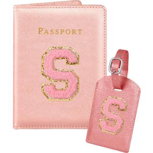 Slohif Passport Holder Initial Lugguage Tag Set Suitcase Cover Wallet Case for Travel Women - Leather Letter Passport Book Personalized Organizer Card Protector Sleeve Essentials Slim Carrier Red S (Pink)