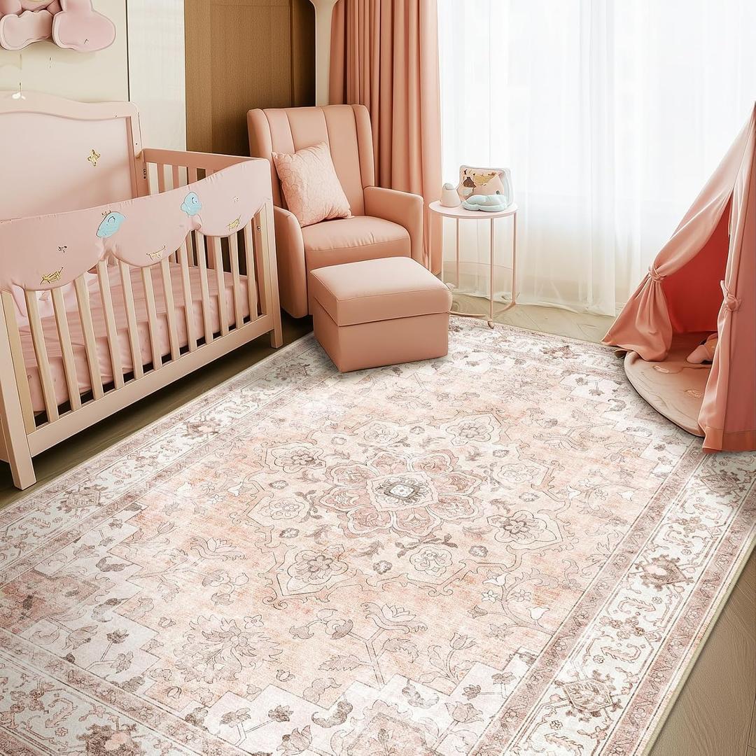 CAPALOCA Machine Washable Rugs Nursery Rug 5x8 Cute Girl Non Slip Low Pile Water Repellent Soft Print Pattern for Bedroom Indoor Decor Kids Playroom Pink