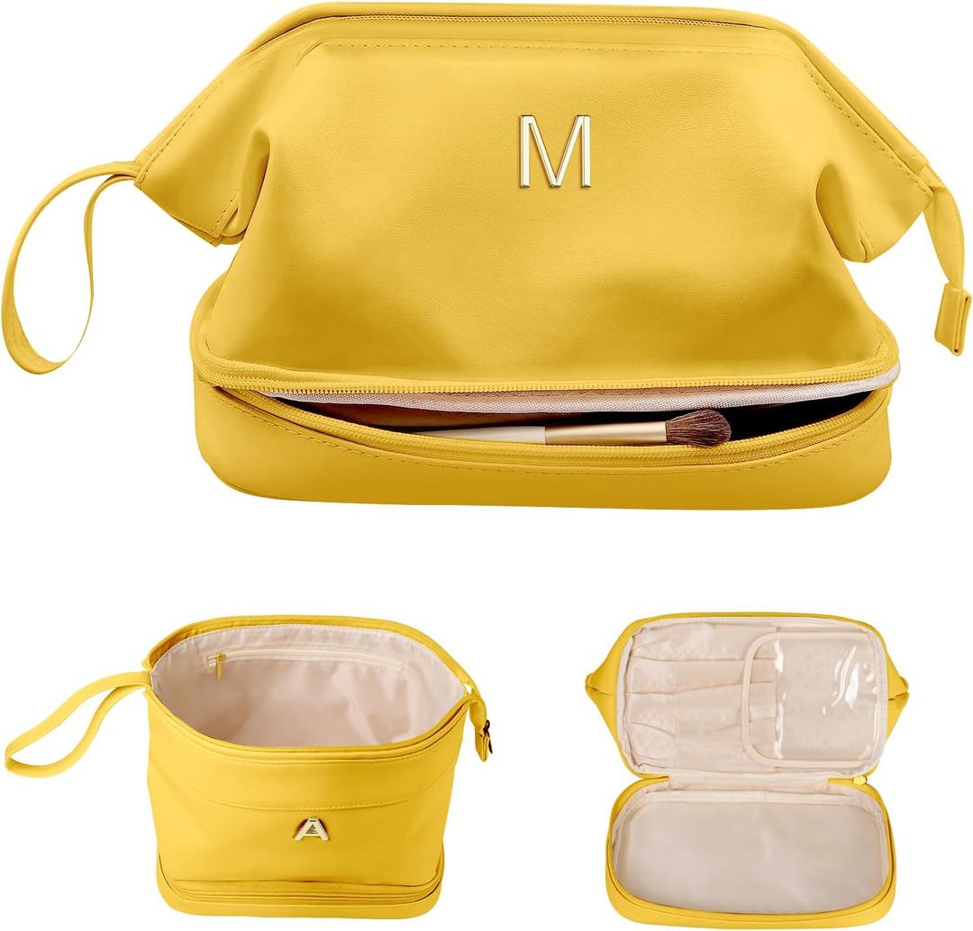 Bachelorette Gifts for Bride, Initial Makeup Bag, Travel Gifts, Personalized Bags, Double Layer Cosmetic Bag, Birthday Gifts for 3 4 5 6 7 8 9 10 11 12 13 Year Old Girls-Kids Graduation Gifts (Yellow)