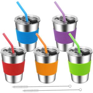 ShineMe Kids Cups with Straws and Lids, 12oz Kids Metal Drinking Glasses with Spill Proof Lids & Silicone Straws, Stainless Steel Reusable Water Tumblers for Children and Adults (5pack)