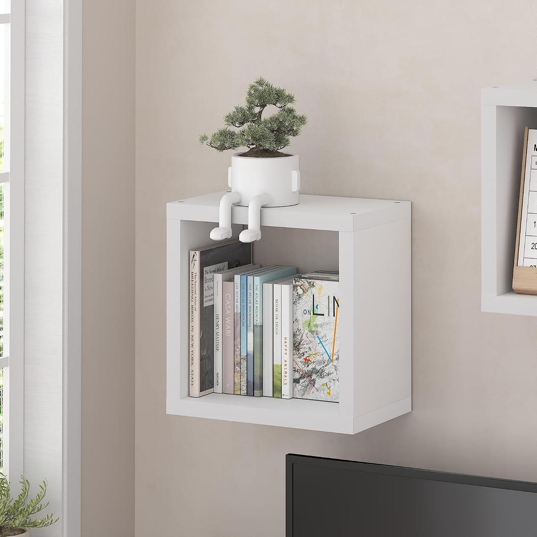 Furinno Cubicle Floating Shelves for Wall, Cube Wall Shelf, Extra Thick Wall Mounted Book Shelf, Single, 16" x 16" x 9.8", for Bathroom, Bedroom, Living Room, White