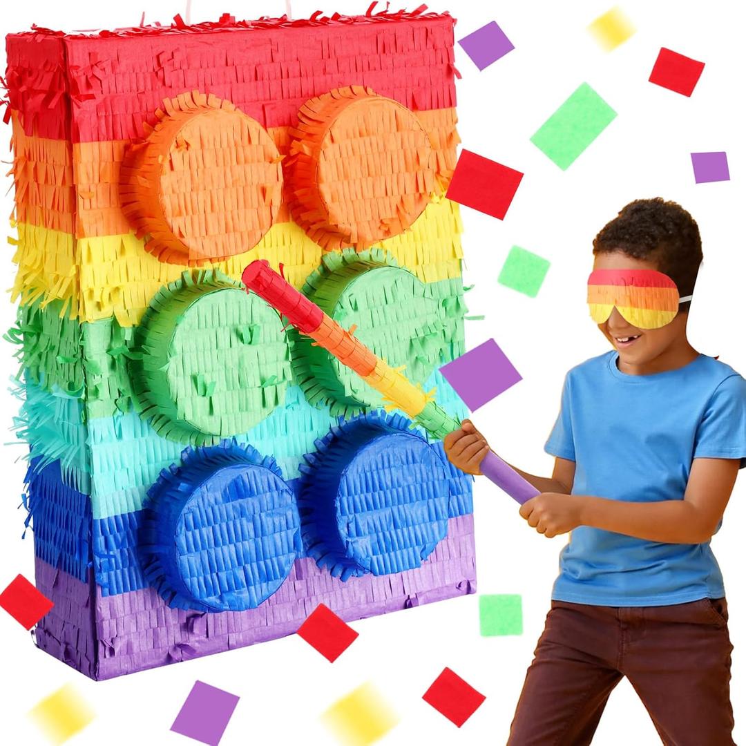 20 Inches Large Piata for Birthday Party with a Blindfold and Bat Piata Birthday Party Decorations for Kids Anniversary Game Supplies(Building Block)